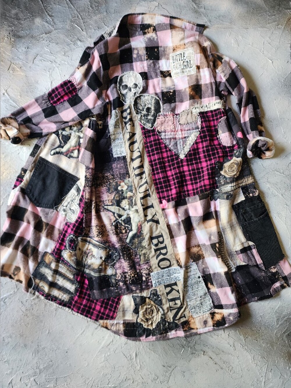 Designer Upcycled Kimono Duster Buttondown Flannel Top Artisan Cottage Appliqué - Picture 2 of 16